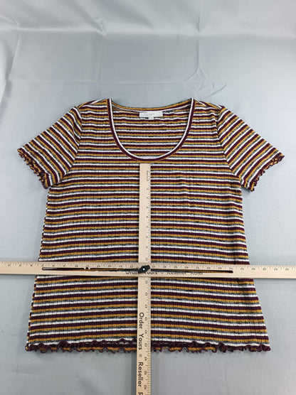 LOFT Shirt Womens XL Burgundy Mustard Striped Ribbed Lettuce Hem Scoop Neck 51