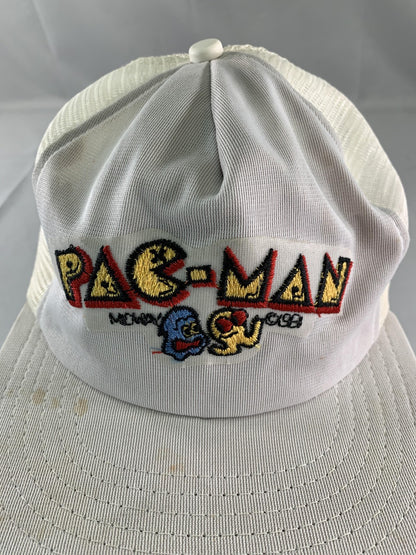 VINTAGE Pac-Man Hat Cap Snap Back White Trucker Mesh Embroidered Arcade Mens 90s