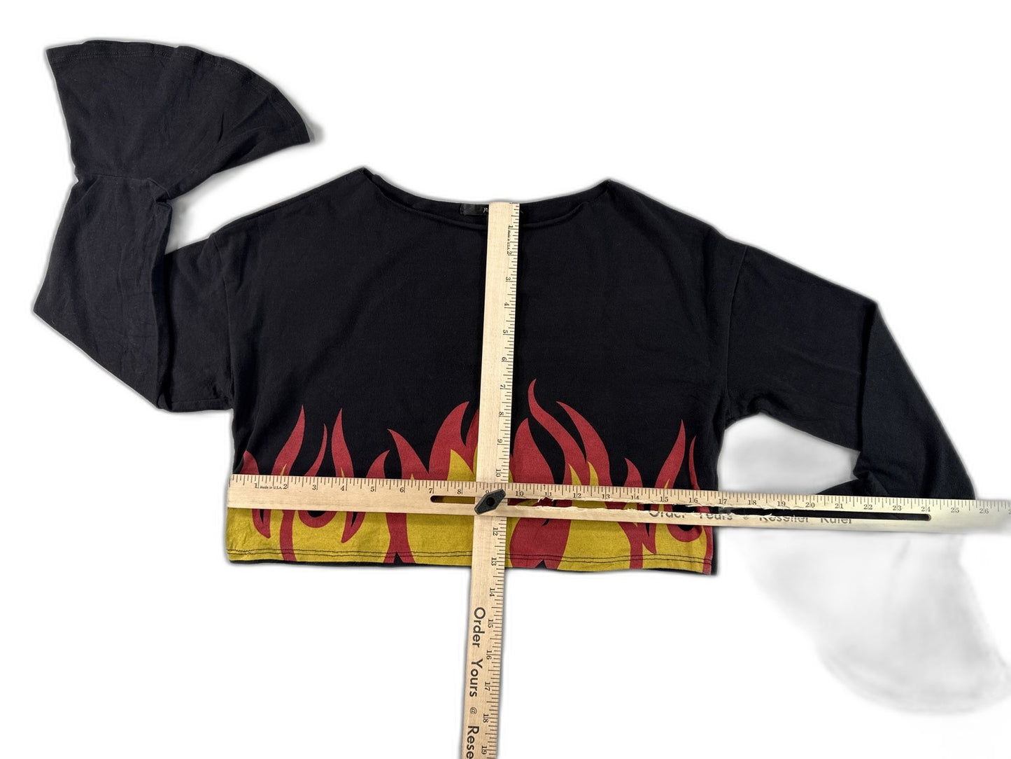 Burning Flame Bell Sleeve Top Black Red Yellow Graphic Off Shoulder