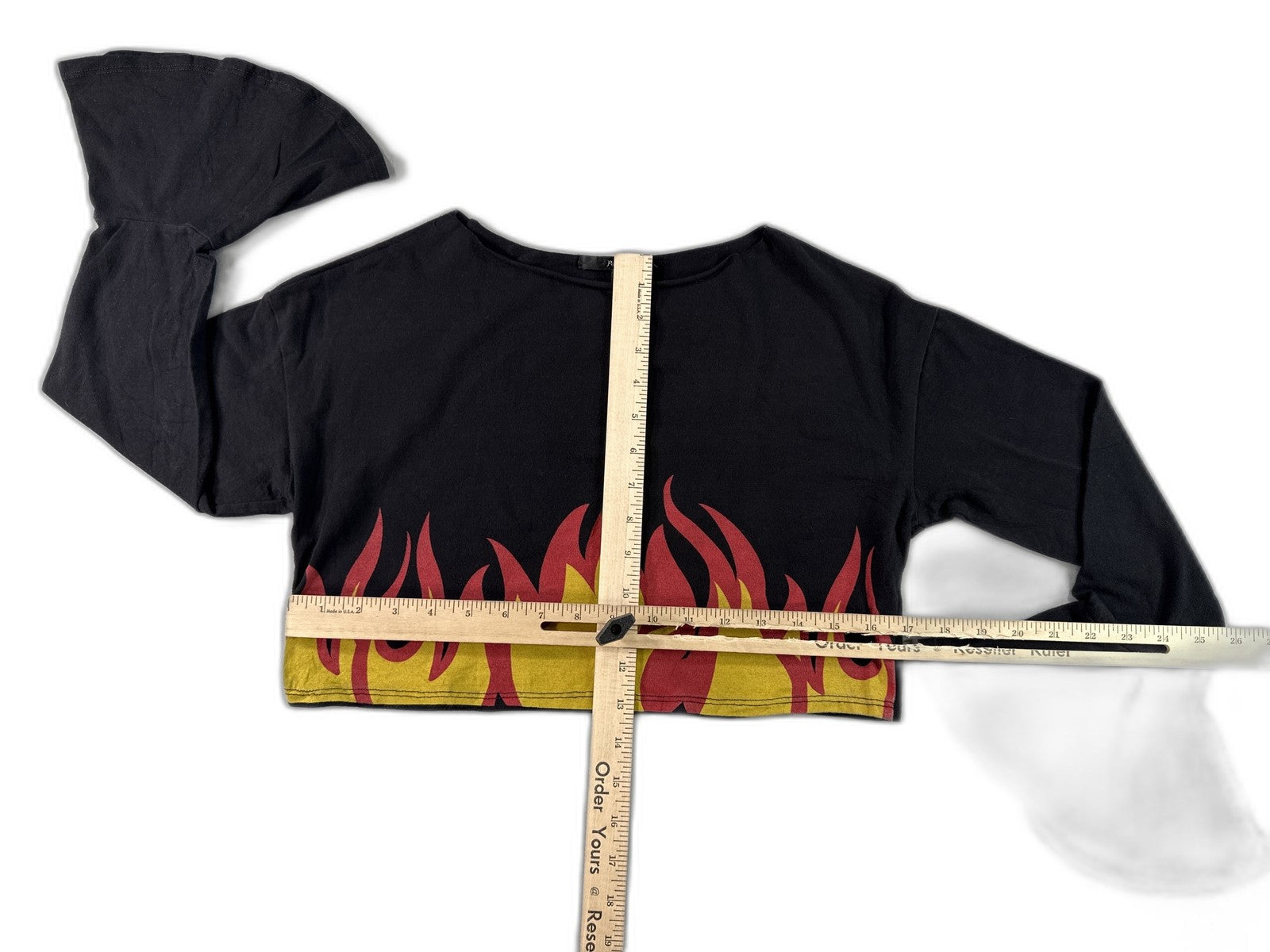 Burning Flame Bell Sleeve Top Black Red Yellow Graphic Off Shoulder