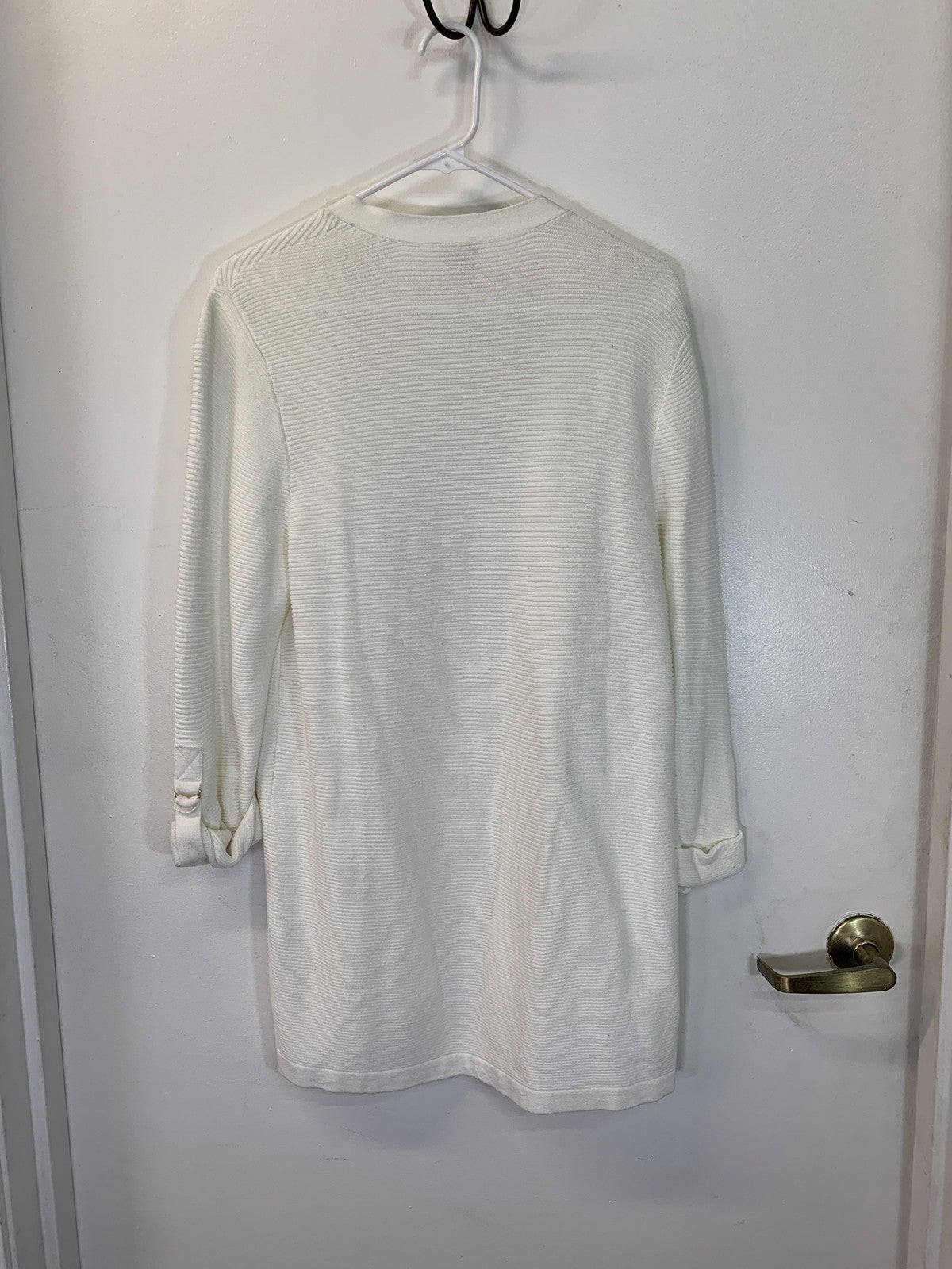 Chicos Cardigan Womens Large Petite White Open Front Lightweight Roll Tab Sleeve