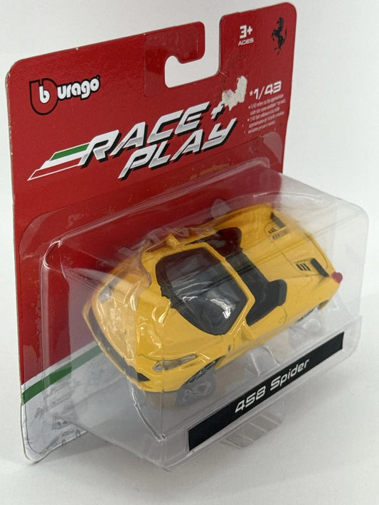 Burago Ferrari 458 Spider 1:43 Diecast Yellow Race Play Model Car New Sealed