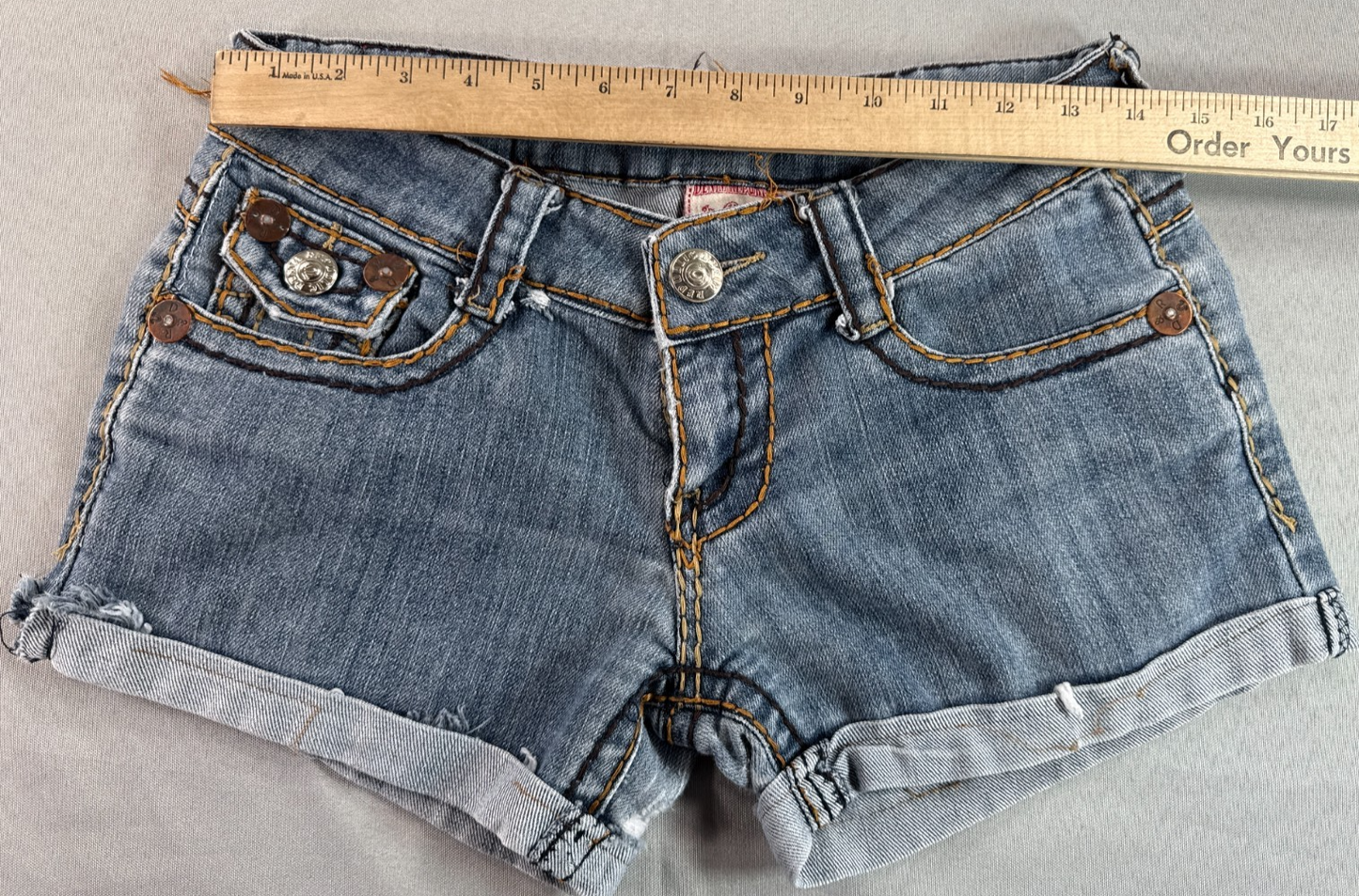 True Religion Girls Denim Shorts Size 11/12 Blue Stretch Cuffed Jean Shorts