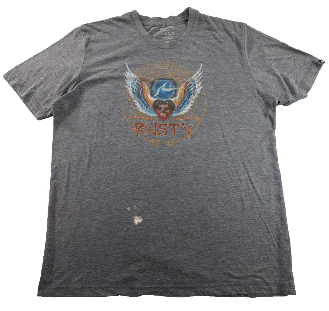 Rusty Surf Mens Large Gray Heather Skull Wings Graphic Tee Short Sleeve T-Shirt