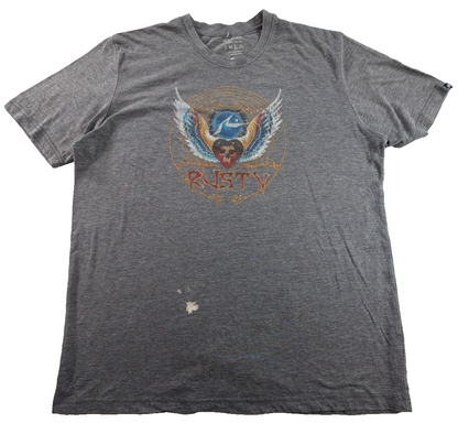 Rusty Surf Mens Large Gray Heather Skull Wings Graphic Tee Short Sleeve T-Shirt