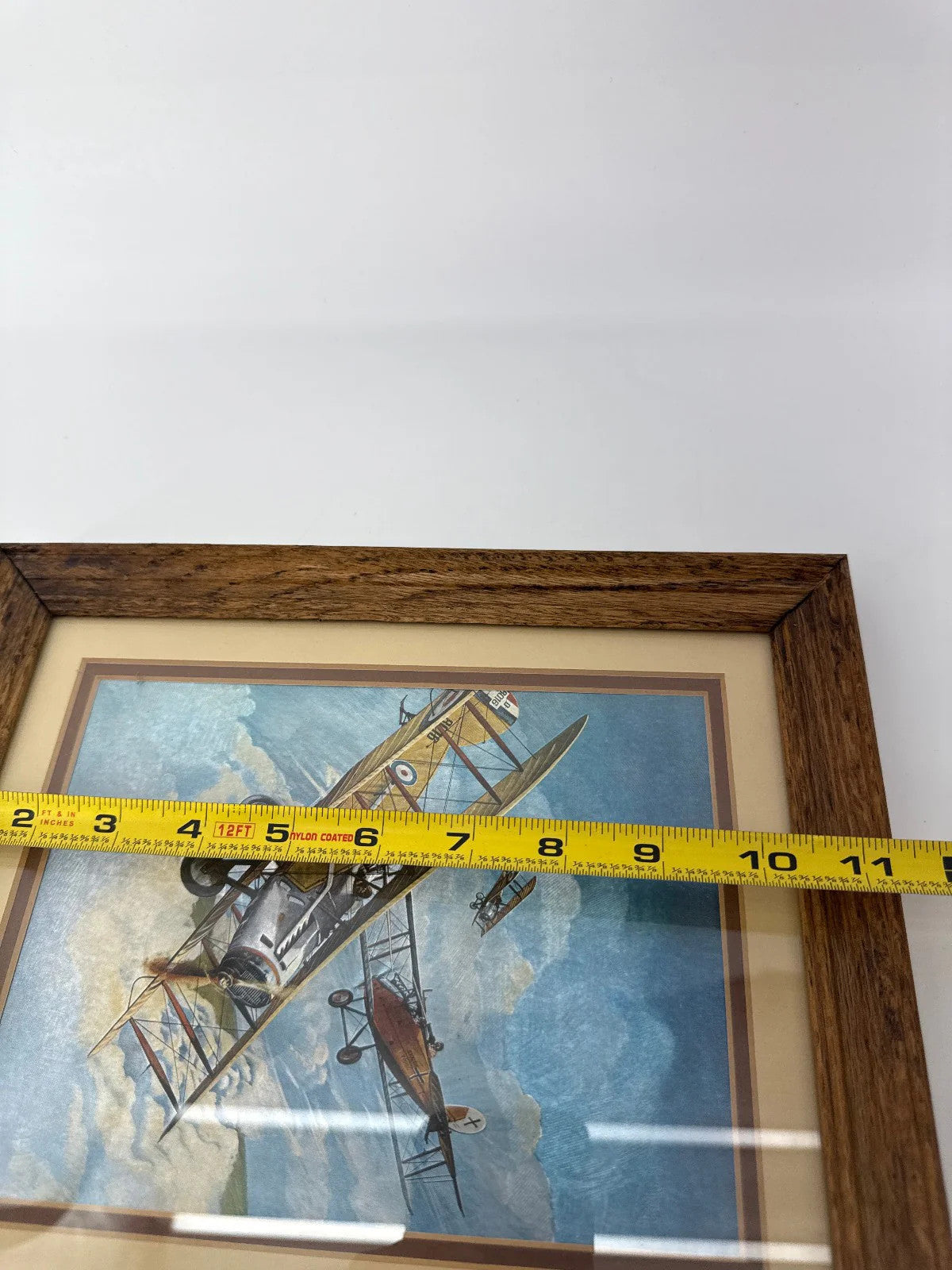 WWI Biplane Dogfight Framed Aviation Art Print 11x12.5 English Oak Frame Vintage