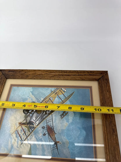 WWI Biplane Dogfight Framed Aviation Art Print 11x12.5 English Oak Frame Vintage