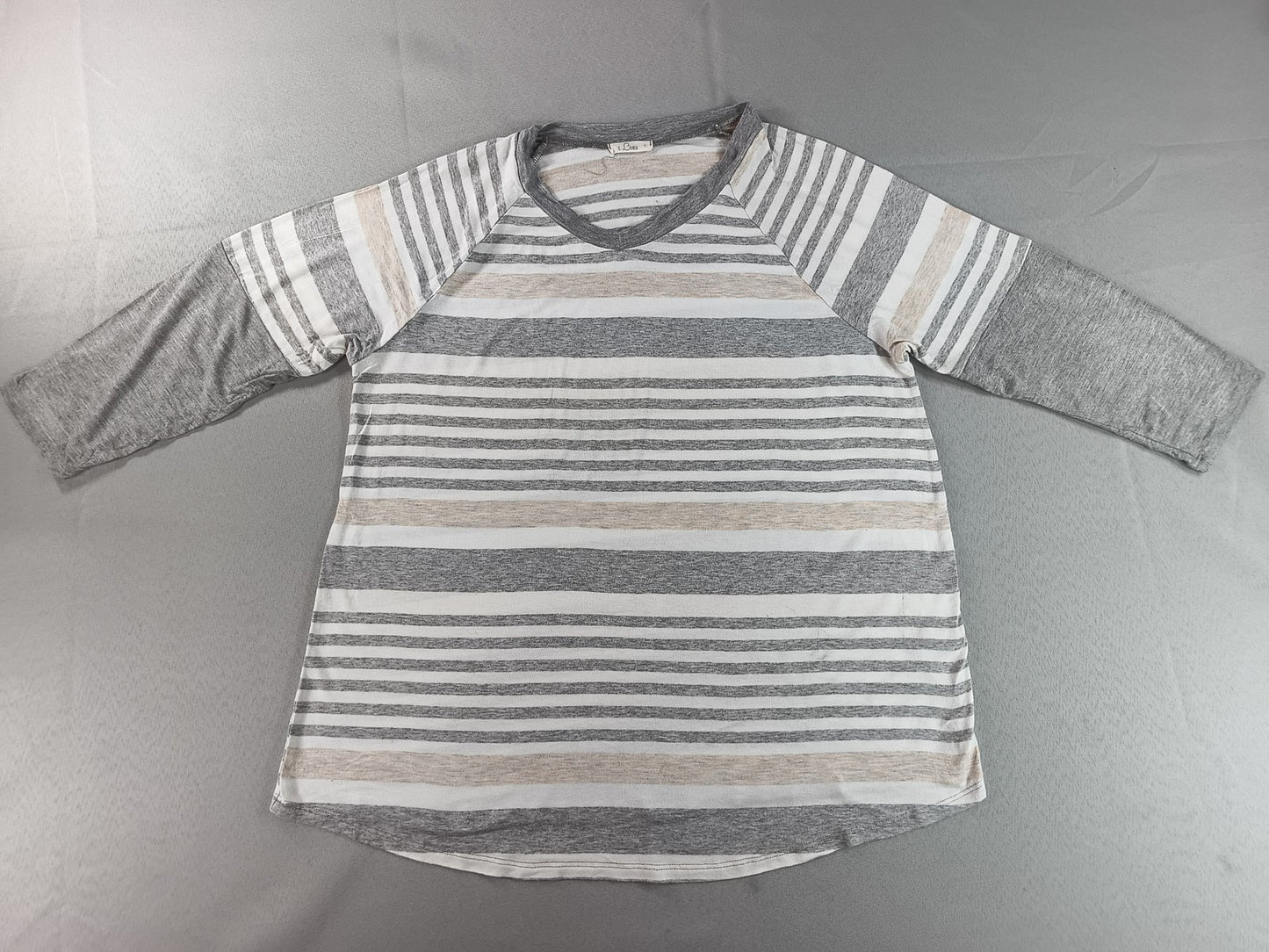 e.Luna Striped Raglan Sleeve Top Womens S Gray/Beige/White Cotton Blend Crewneck