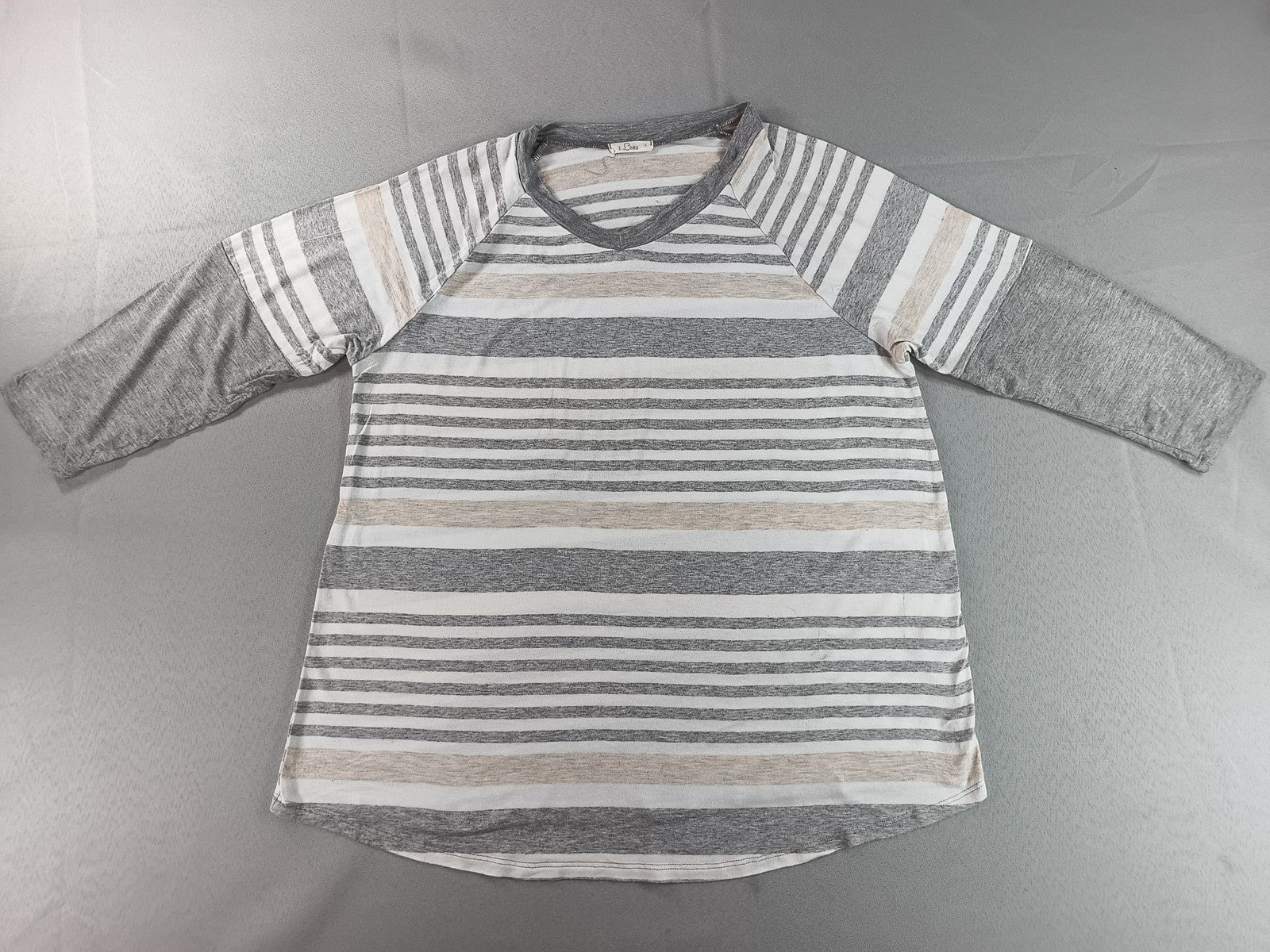 e.Luna Striped Raglan Sleeve Top Womens S Gray/Beige/White Cotton Blend Crewneck