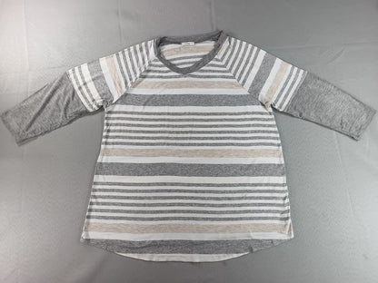 e.Luna Striped Raglan Sleeve Top Womens S Gray/Beige/White Cotton Blend Crewneck