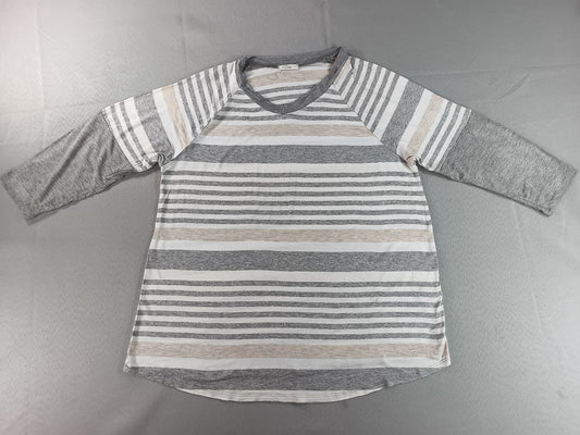 e.Luna Striped Raglan Sleeve Top Womens S Gray/Beige/White Cotton Blend Crewneck