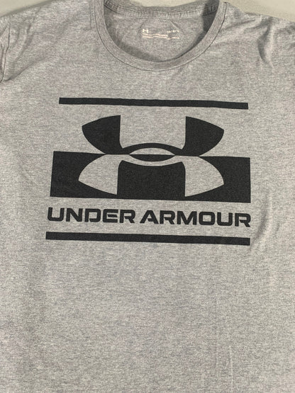 Under Armour HeatGear T-Shirt Mens L Gray Black Logo Loose Fit Short Sleeve Gym