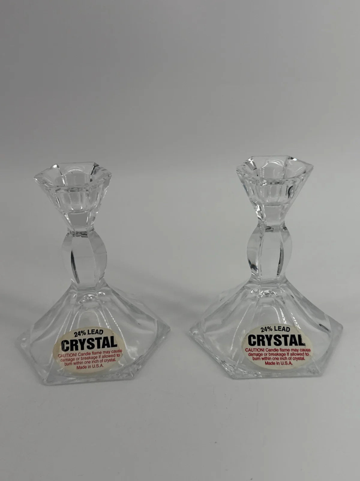 VTG 24% Lead Crystal Candle Holders Pair USA Hex Cut Clear Glass Taper Stick Set
