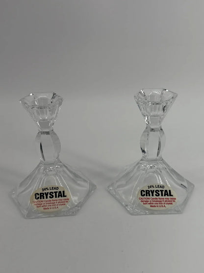 VTG 24% Lead Crystal Candle Holders Pair USA Hex Cut Clear Glass Taper Stick Set