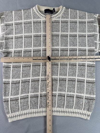 Bill Blass Checkered Crewneck Sweater M Gray Cotton Blend Long Sleeve