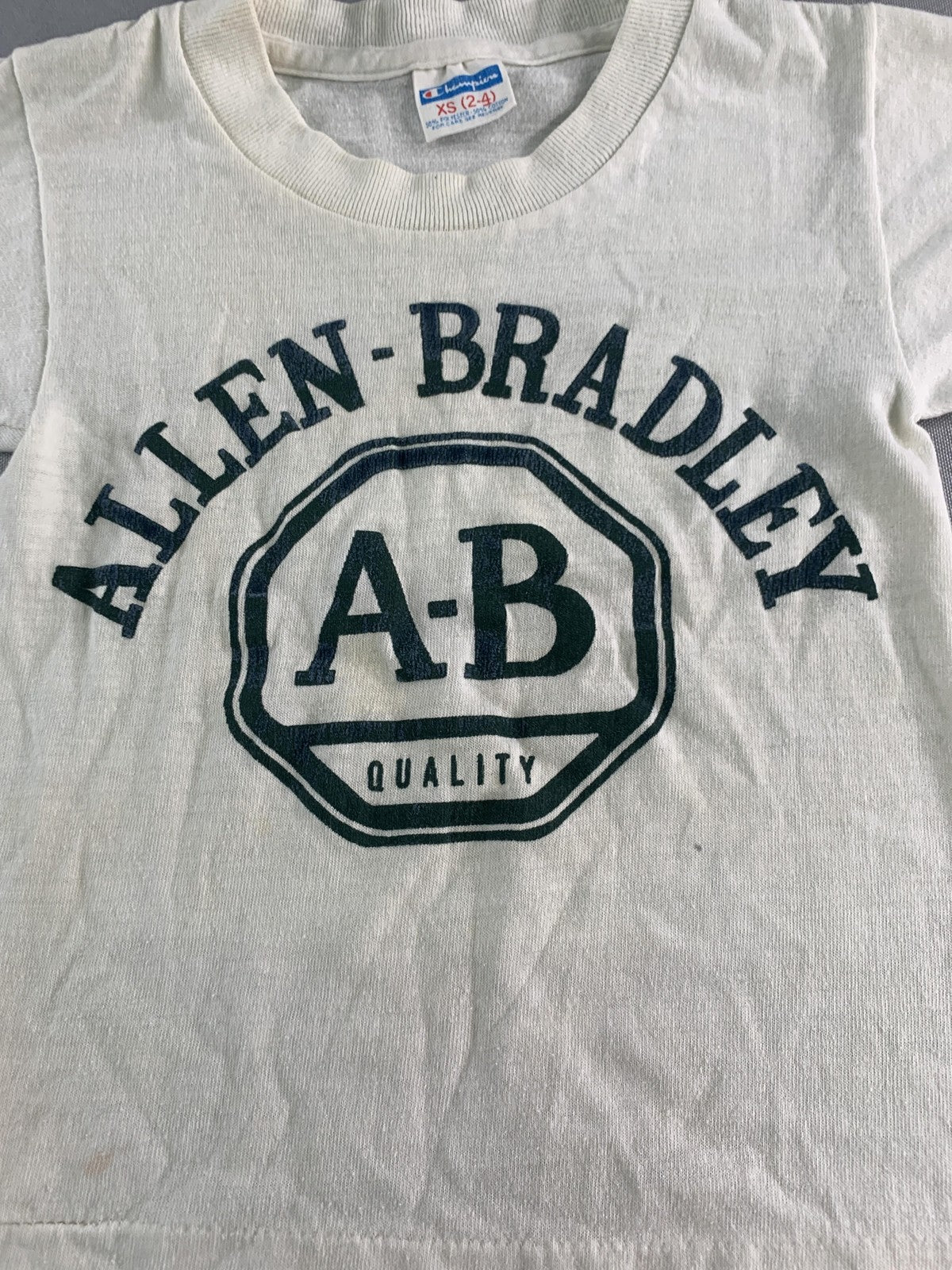VINTAGE Champion Shirt Kids XS (2-4) White Allen-Bradley AB Logo Made USA 80s