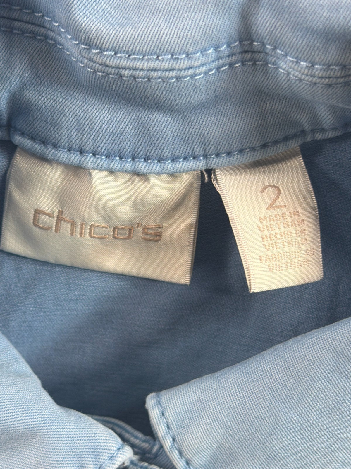 Chico's Womens Denim Jacket Sz 2 L Powder Blue Stretch Frayed Trucker Jean Coat