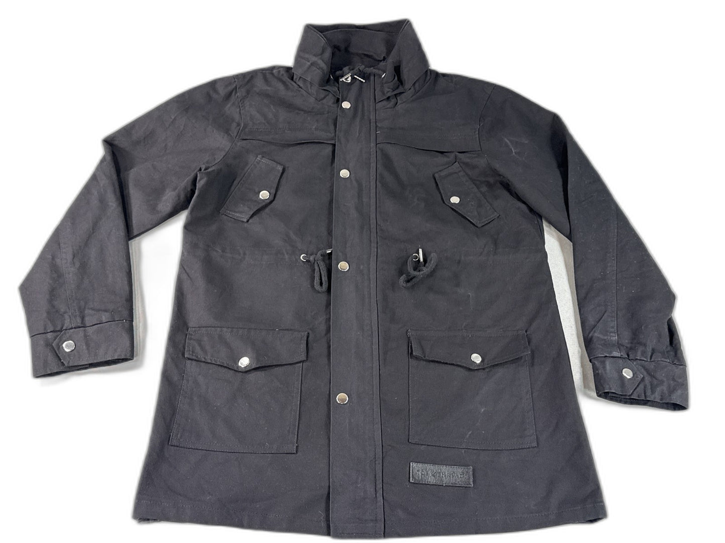 TOP THREADS Utility Jacket Mens Black Canvas Hooded Heavy Duty Snap Closure L