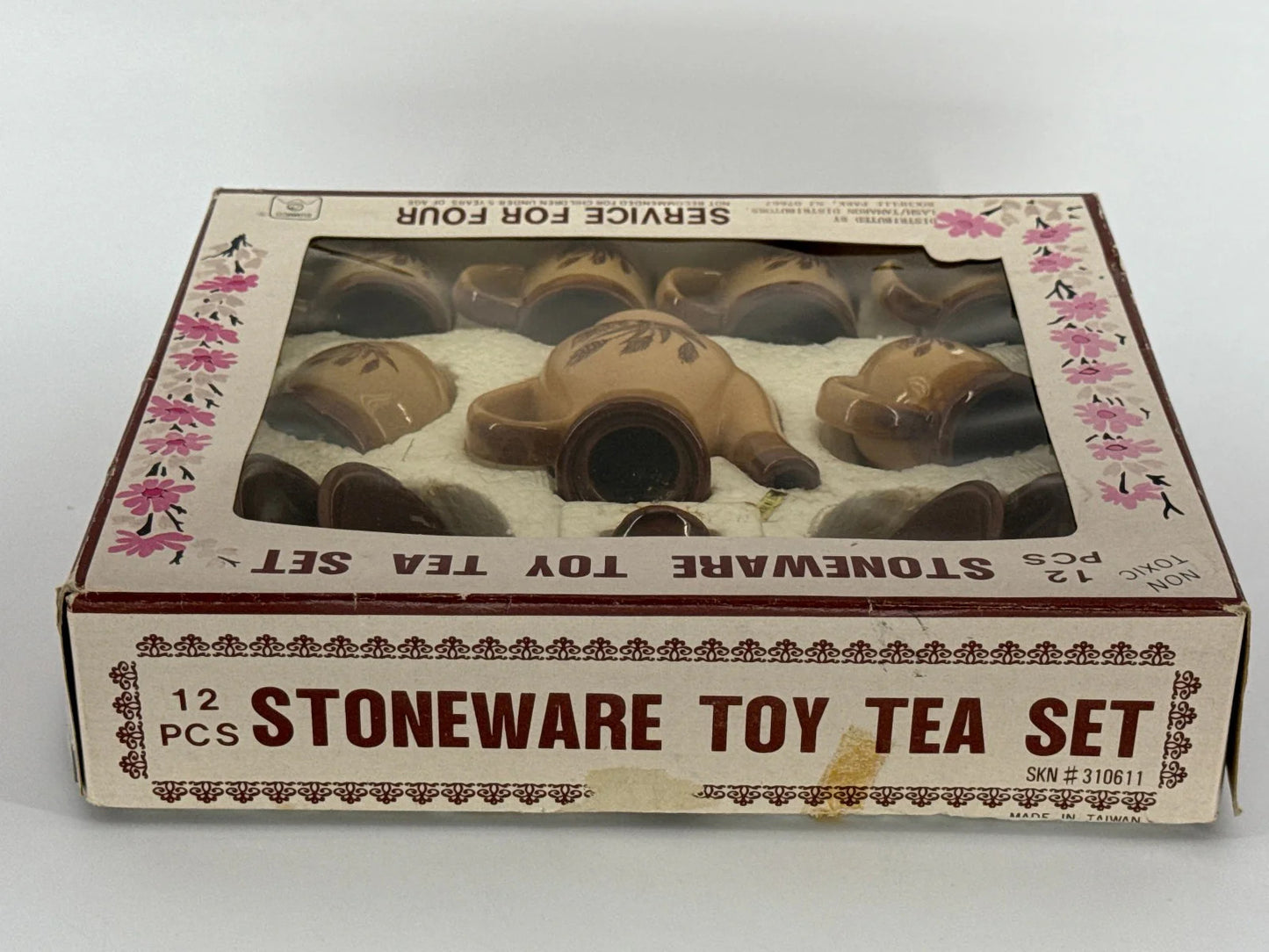 Vintage Stoneware Toy Tea Set 12pc SUMMCO Brown Floral Miniature in Box 5927