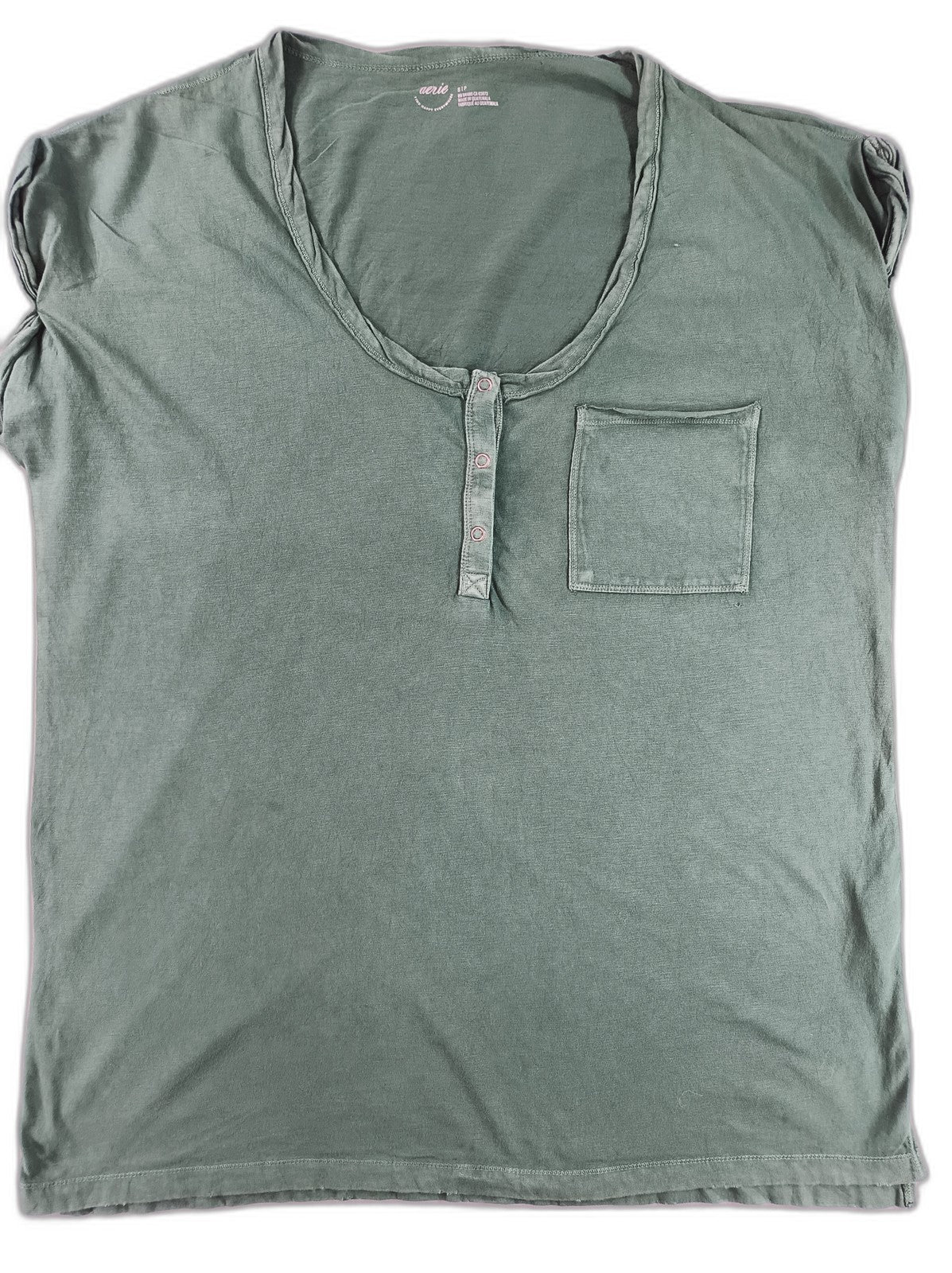 aerie Henley S Tee Womens S/P Green Cotton Short Sleeve Scoop Neck Pocket Soft