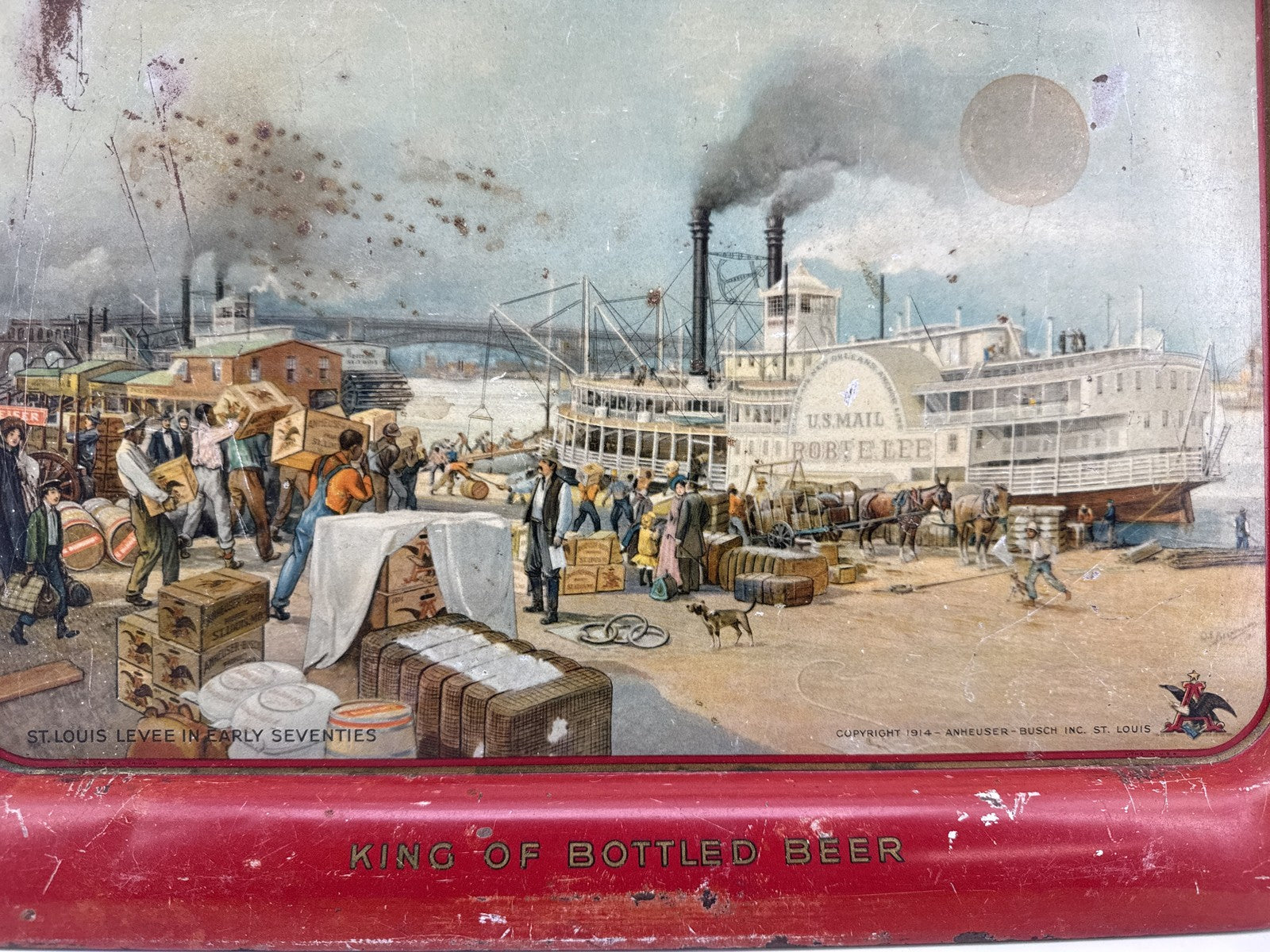 BUDWEISER ST. LOUIS LEVEE ROBERT E. LEE STEAMBOAT 1914 SERVING TRAY 1930s