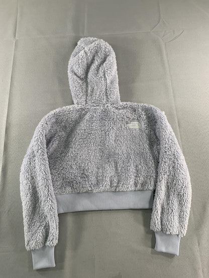 The North Face Hoodie Girls XS 6 Gray Sherpa Fleece Full Zip Ribbed Hem Soft Red