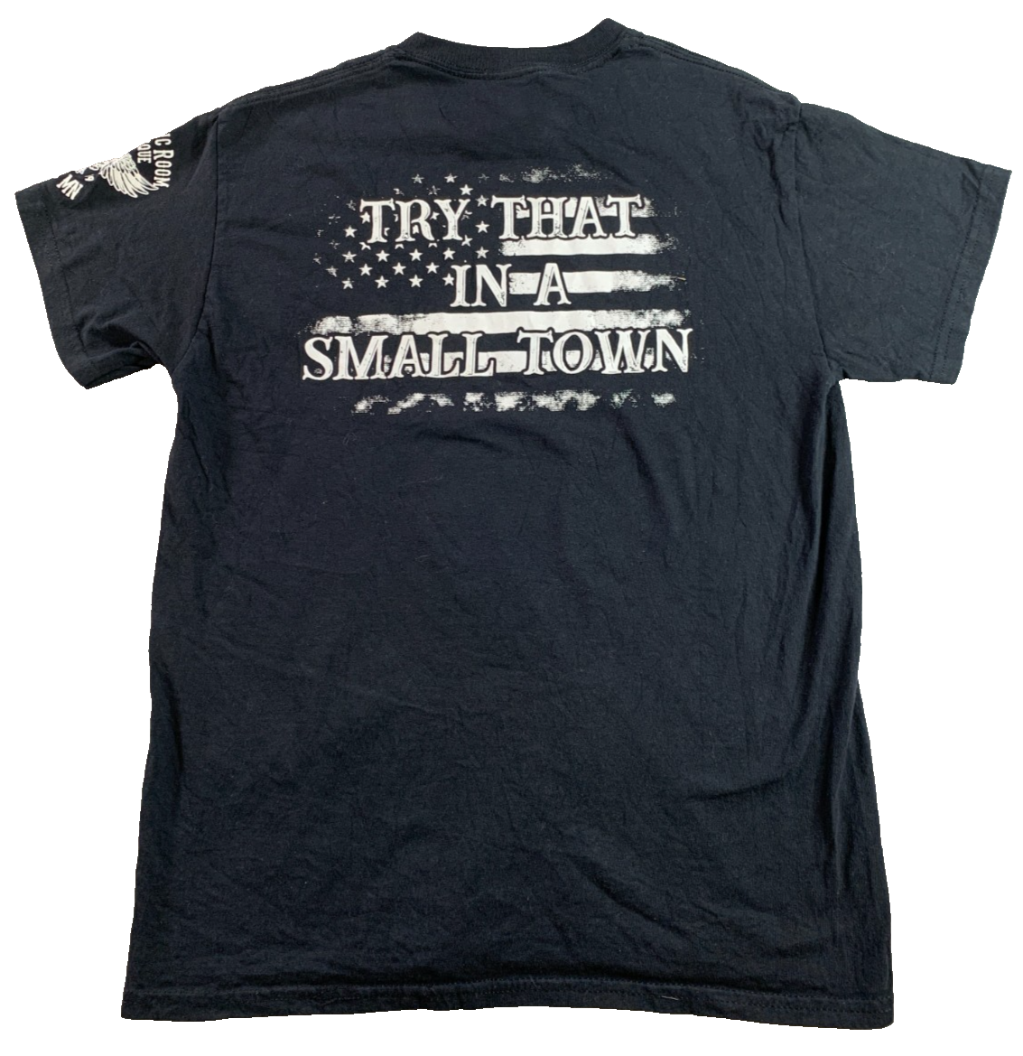 Try That In A Small Town USA Flag Gildan Heavy Cotton Black Graphic Tee Mens M