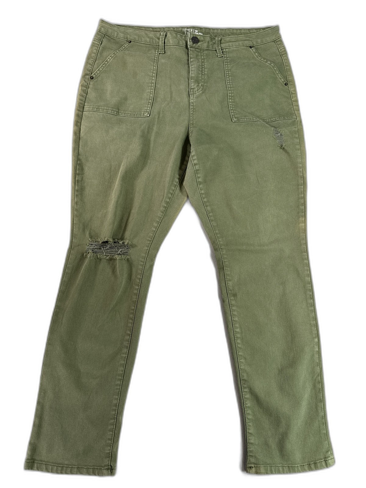 TIME TRU Cargo Pants Womens 18 Olive Green Cotton Relaxed Fit Distressed Ripped