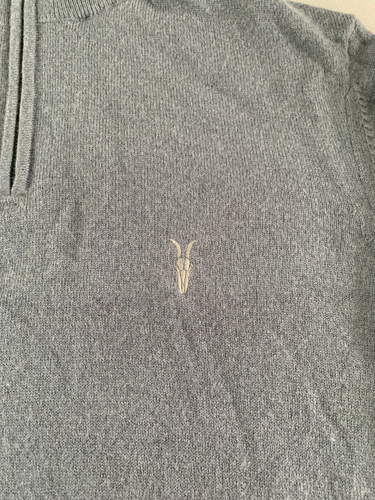 AllSaints Kilburn Zip Funnel Neck Ramskull Sweater Men XS Gray Wool Blend MK112