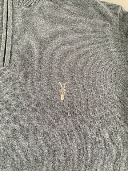 AllSaints Kilburn Zip Funnel Neck Ramskull Sweater Men XS Gray Wool Blend MK112