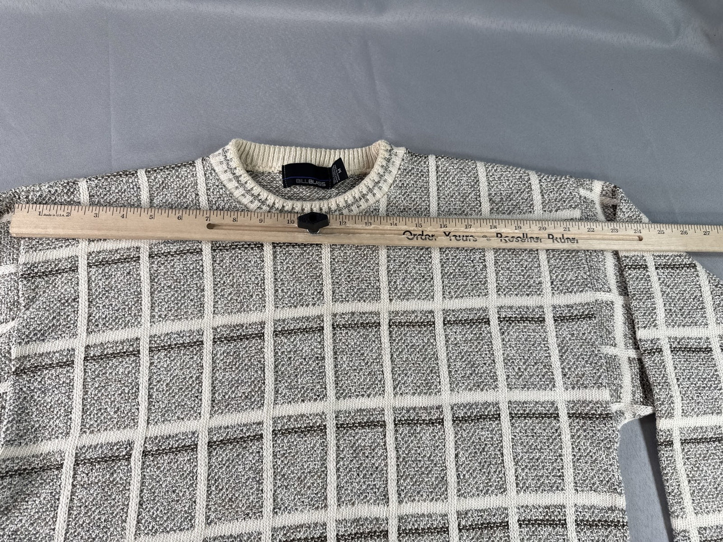 Bill Blass Checkered Crewneck Sweater M Gray Cotton Blend Long Sleeve