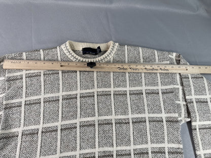 Bill Blass Checkered Crewneck Sweater M Gray Cotton Blend Long Sleeve