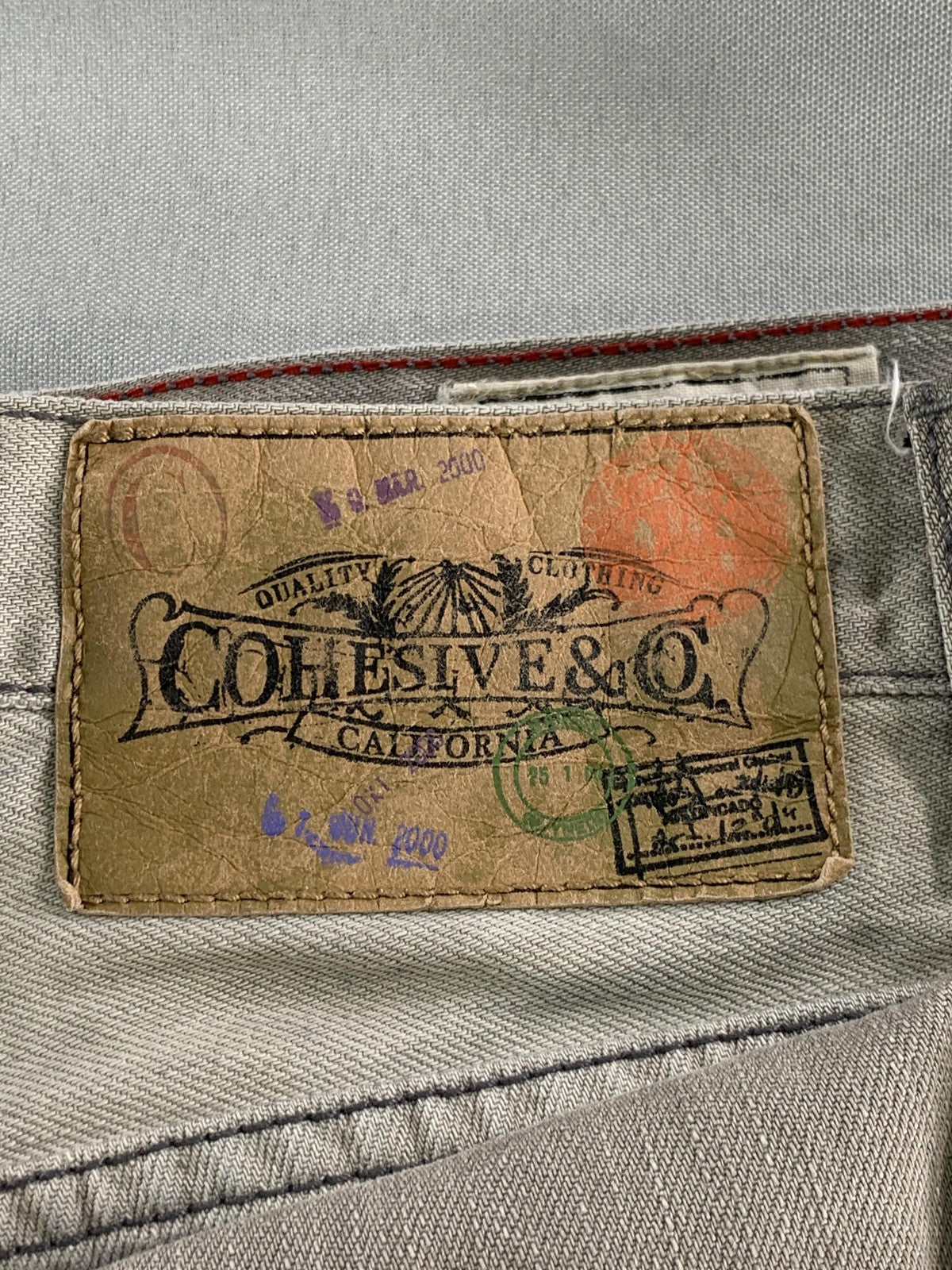 Cohesive & Co Jeans Mens 34x31 Gray Distressed Straight Leg Button Fly Raw Edge