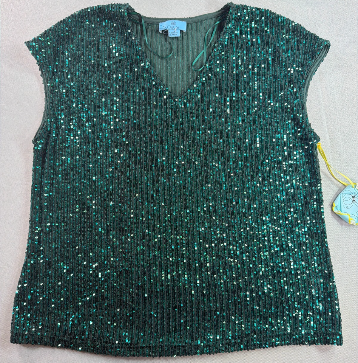 CeCe Sequin V-Neck Cap Sleeve Top Emerald Green Lined Stretch Blouse NWT M New