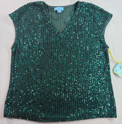 CeCe Sequin V-Neck Cap Sleeve Top Emerald Green Lined Stretch Blouse NWT M New