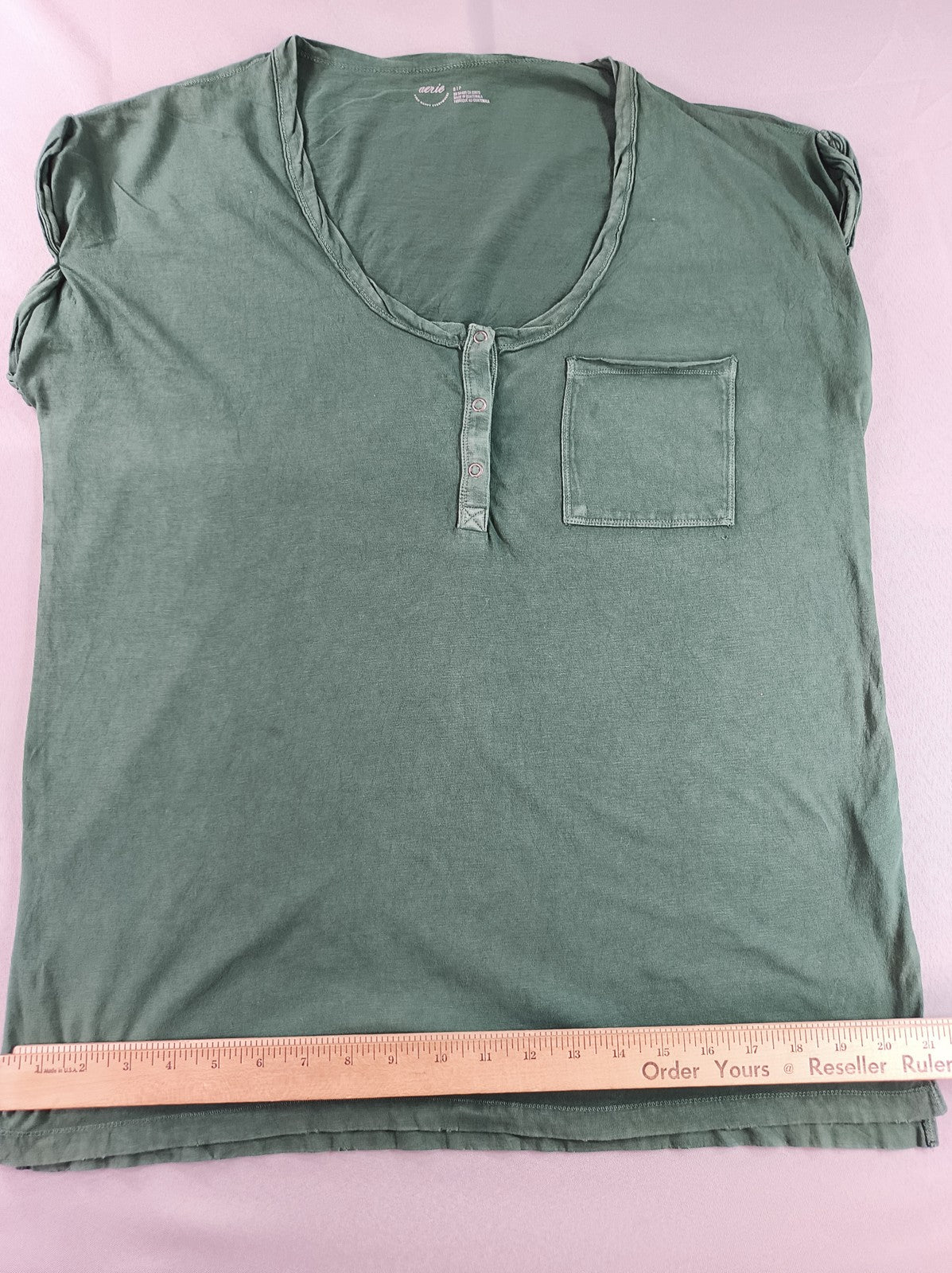 aerie Henley S Tee Womens S/P Green Cotton Short Sleeve Scoop Neck Pocket Soft