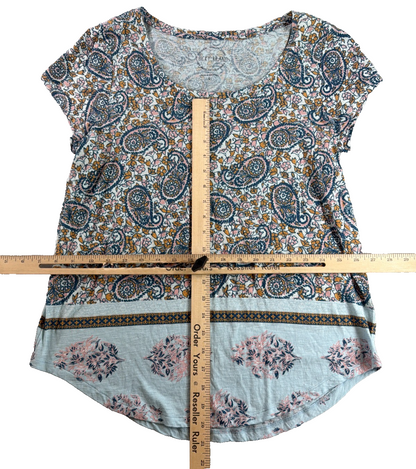Lucky Brand Womens L Paisley Floral Mixed Print Boho Short Sleeve Tee Top LA
