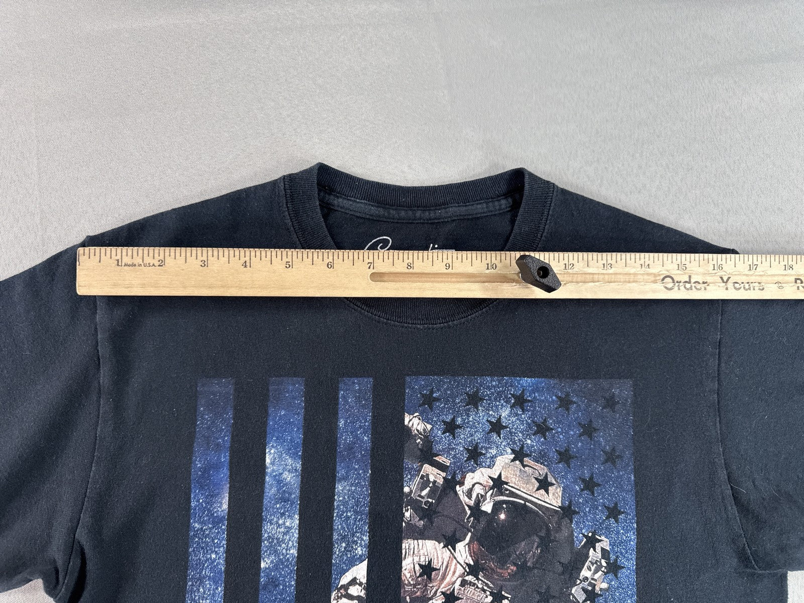Creative Astronaut Flag Graphic Tee SMALL Black Cotton Crewneck Short Sleeve Men