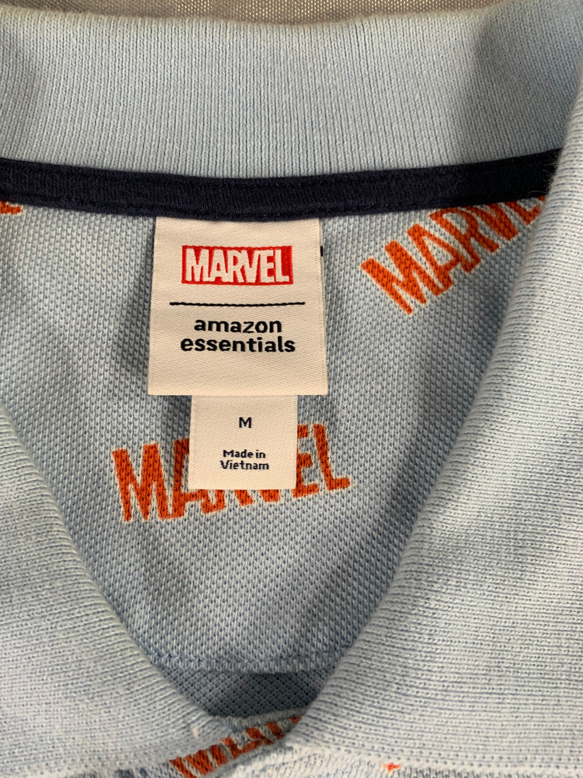 Marvel Amazon Essentials Polo Shirt M Blue All Over Logo Cotton Collared Mens