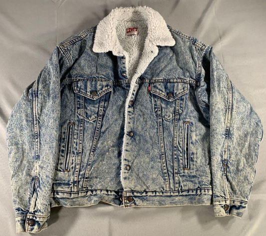 Levi’s Acid Wash Sherpa Lined Trucker Jacket USA 70609-0219 Denim Type 3 80s L