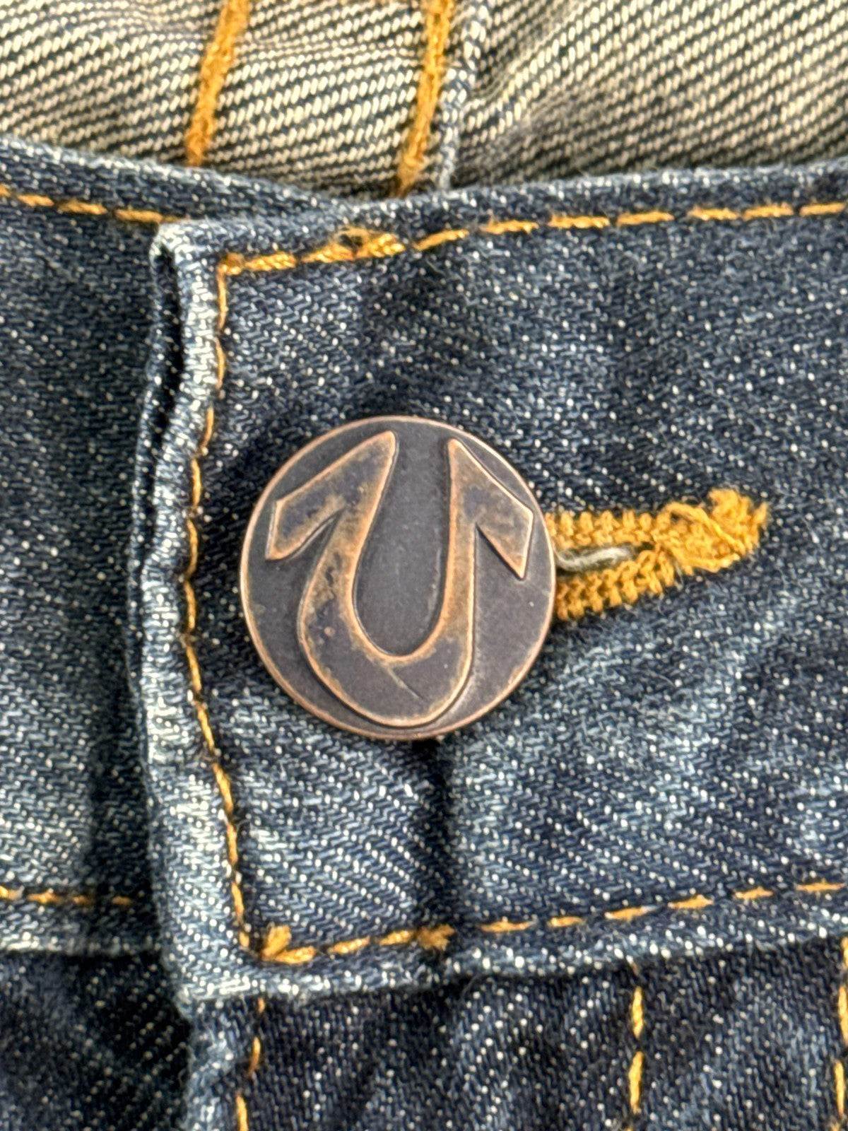 True Religion Jeans Mens 34 Blue Straight Flap Pockets Denim Made USA Dark Wash