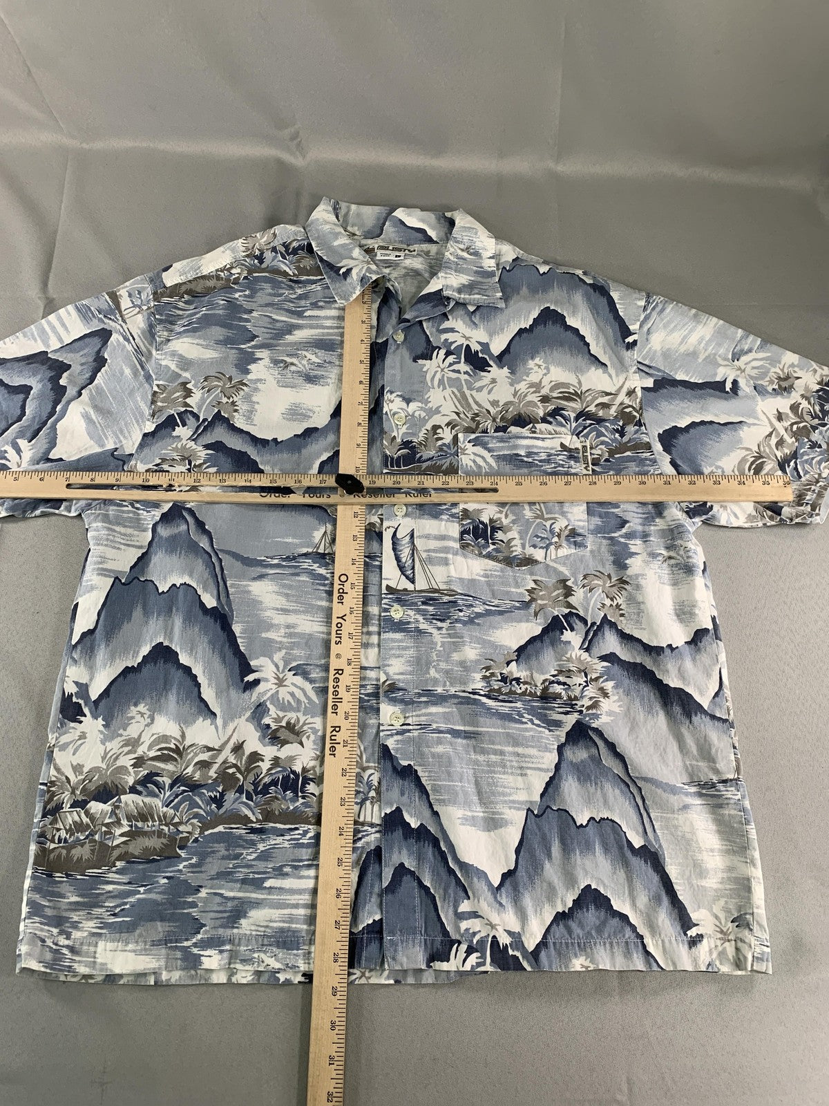 Rusty Shirt Mens Large Blue Gray Hawaiian Aloha Button Up Camp Short Sleeve 100
