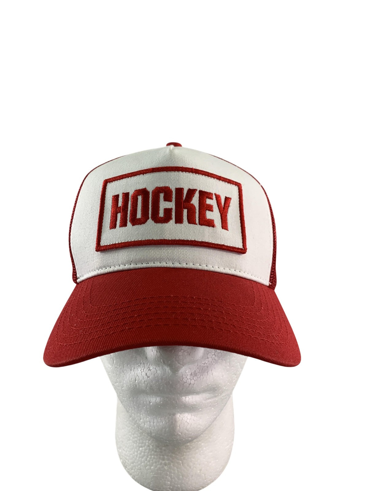 Hockey Hat Cap Snap Back Mens Red White Trucker Mesh Patch Embroidered on Black