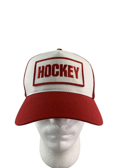 Hockey Hat Cap Snap Back Mens Red White Trucker Mesh Patch Embroidered on Black