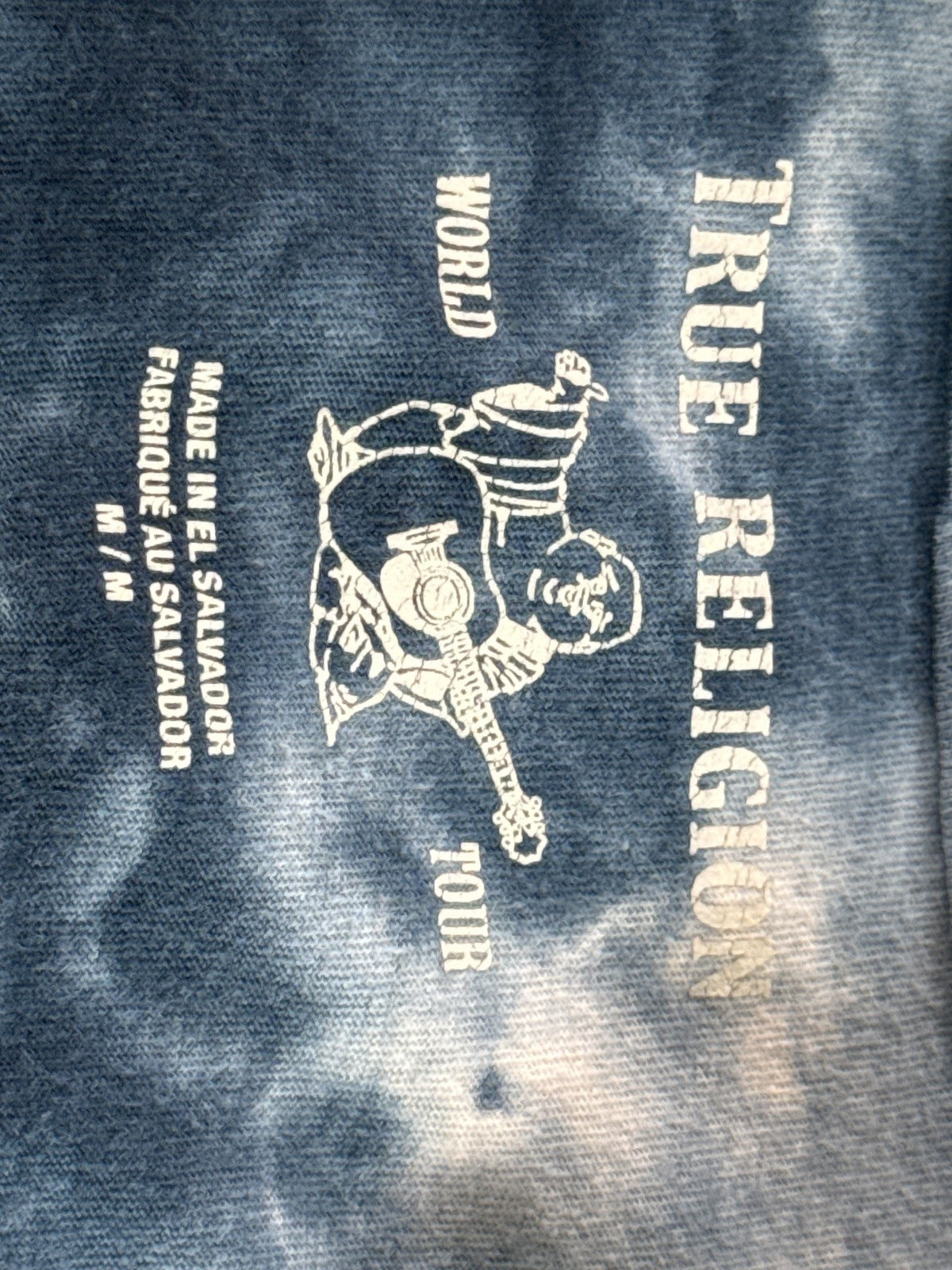 True Religion Buddha World Tour Tie Dye T-Shirt Mens M Blue Crew Neck Horseshoe