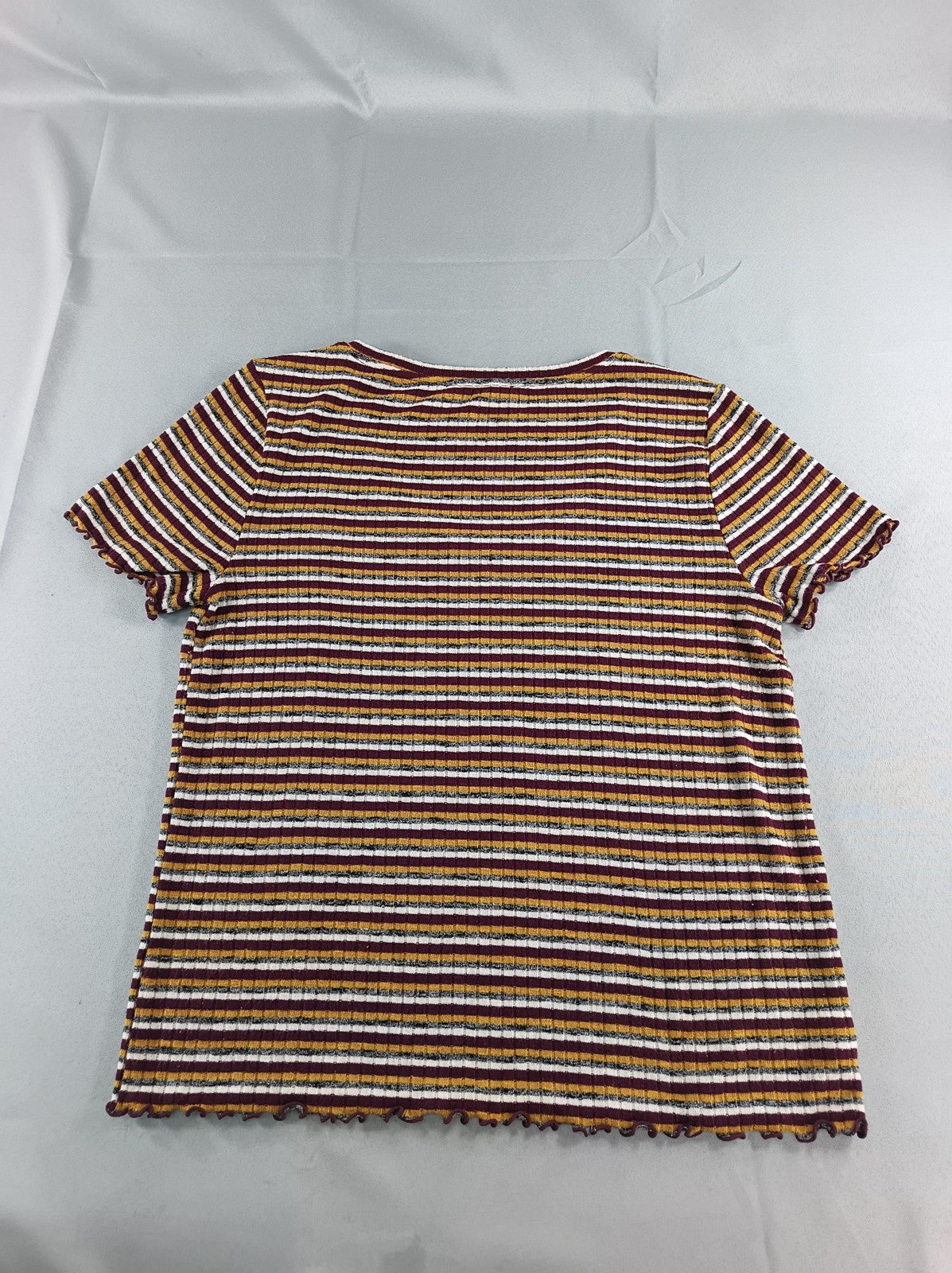 LOFT Shirt Womens XL Burgundy Mustard Striped Ribbed Lettuce Hem Scoop Neck 51