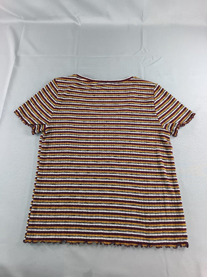 LOFT Shirt Womens XL Burgundy Mustard Striped Ribbed Lettuce Hem Scoop Neck 51