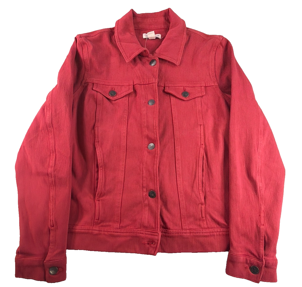 Coldwater Creek Red Denim Jacket Womens Medium Stretch Button Front Trucker