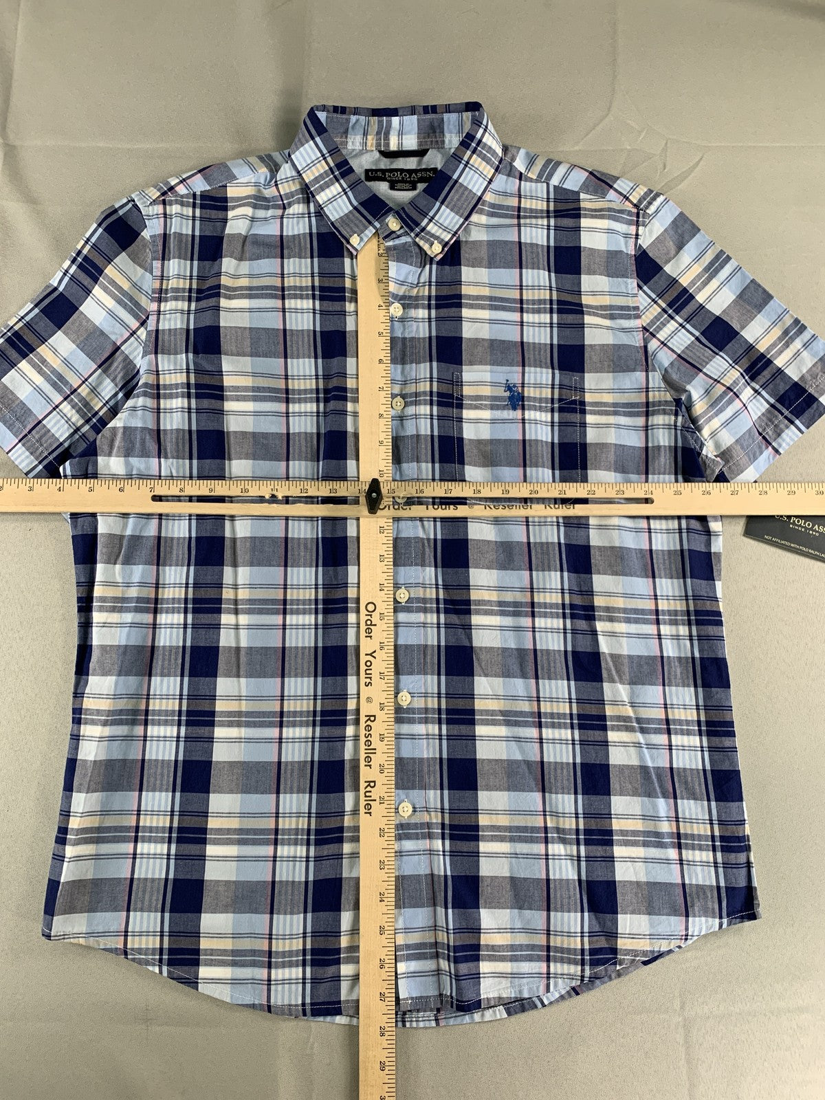 US Polo Assn Shirt Mens Large Blue Plaid Short Sleeve Button Down Casual Pocket