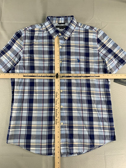 US Polo Assn Shirt Mens Large Blue Plaid Short Sleeve Button Down Casual Pocket